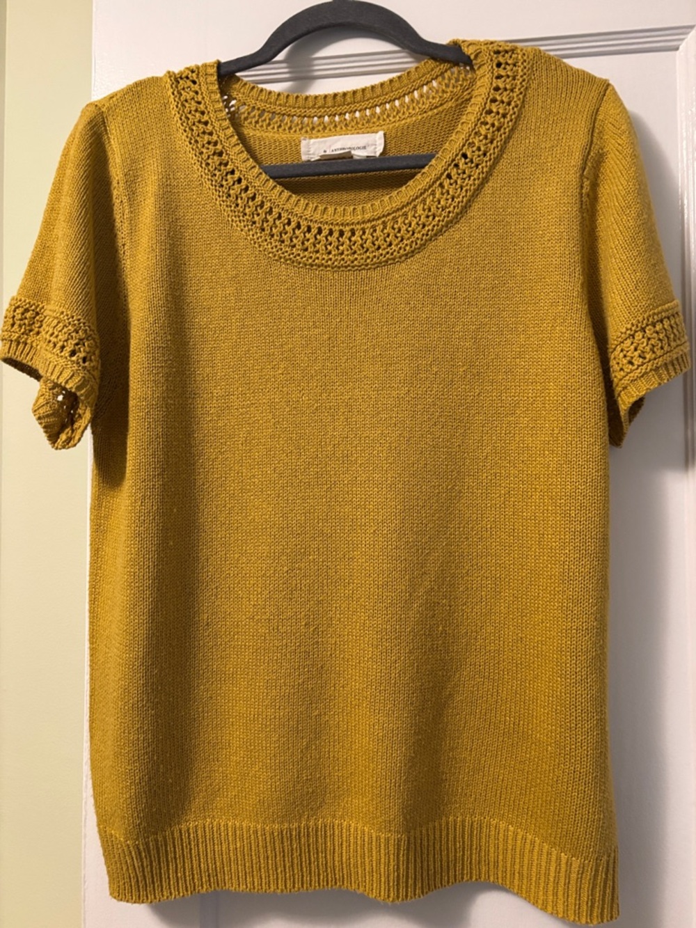Anthropologie Mustard Yellow Short Sleeve Crewneck Sweater